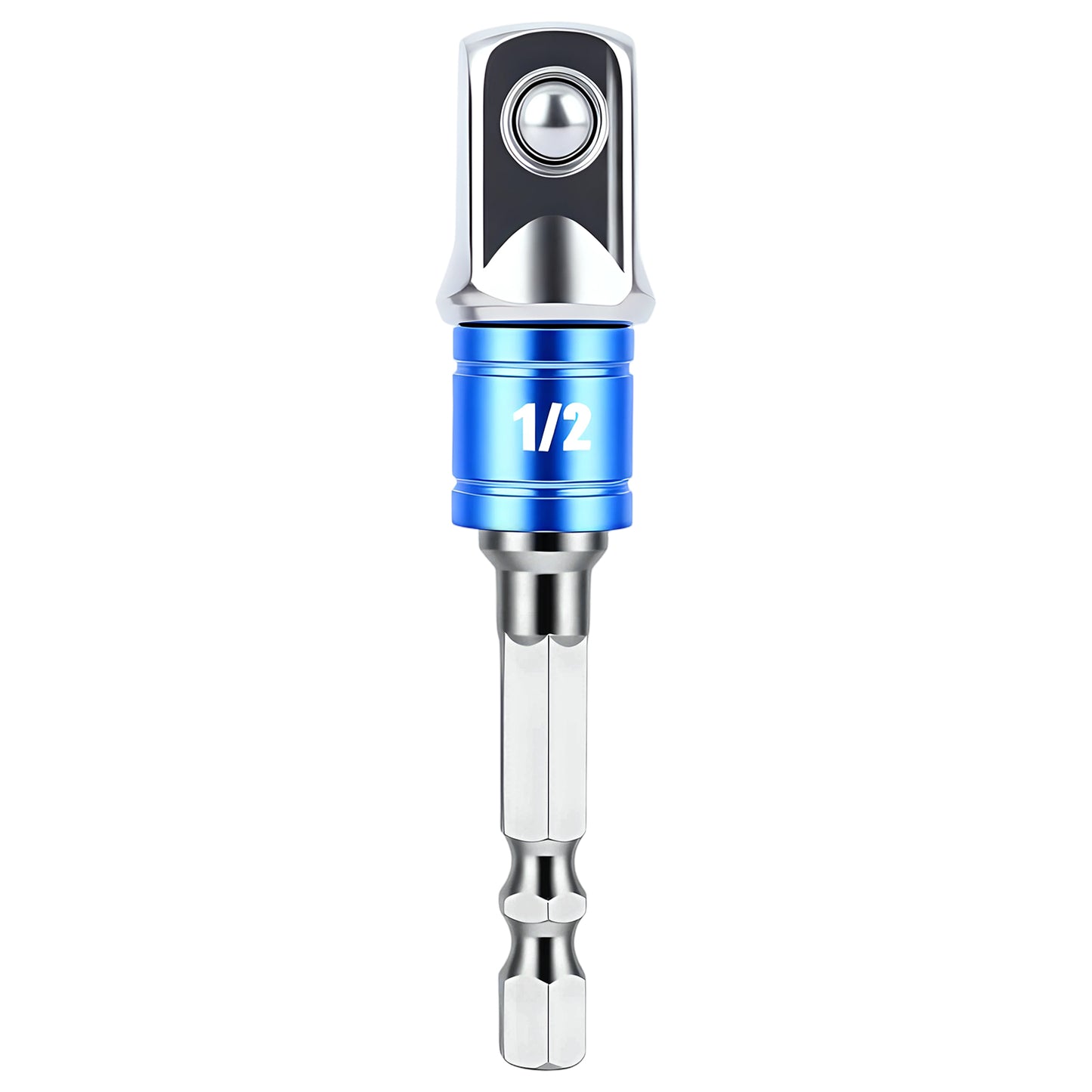 Screwdriver bit with blue and silver design on a white background