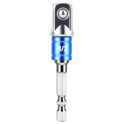 Screwdriver bit with blue and silver design on a white background