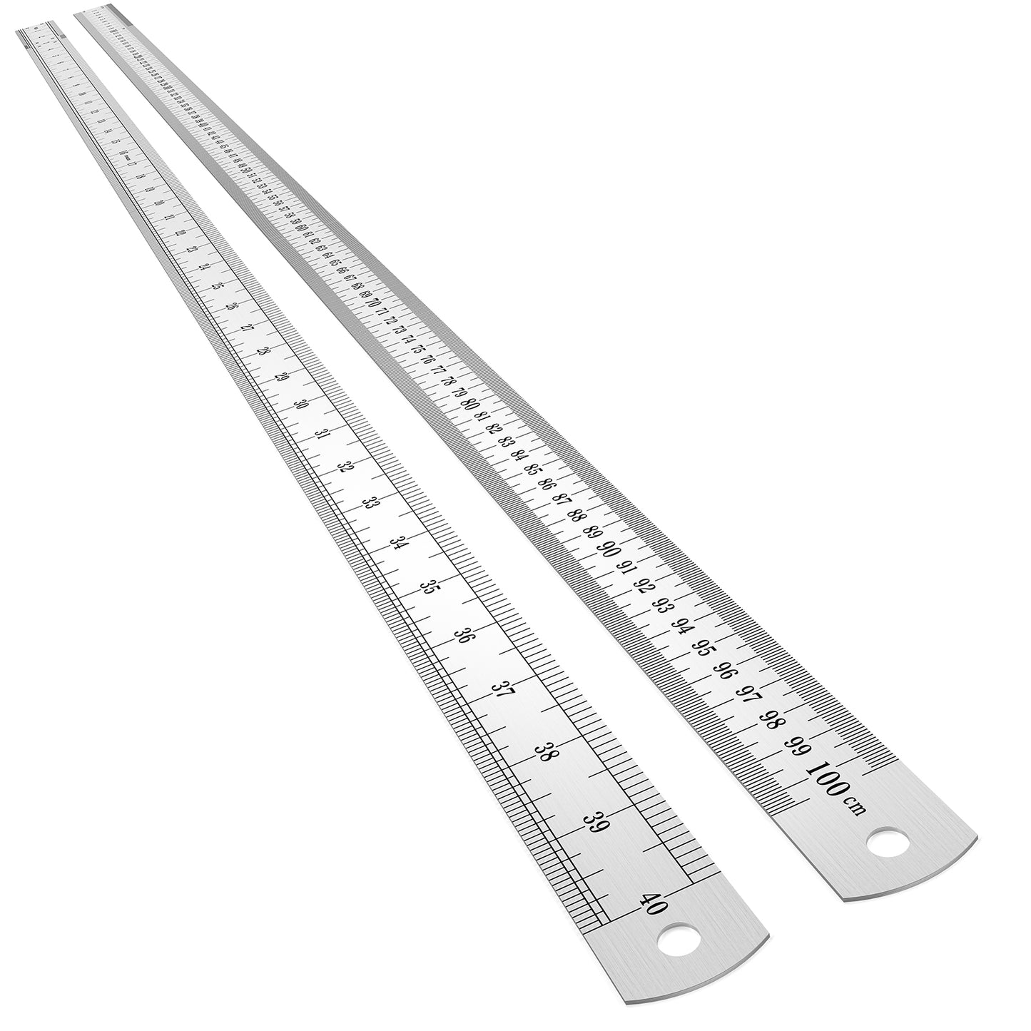 Two metal rulers with measurement markings on a white background