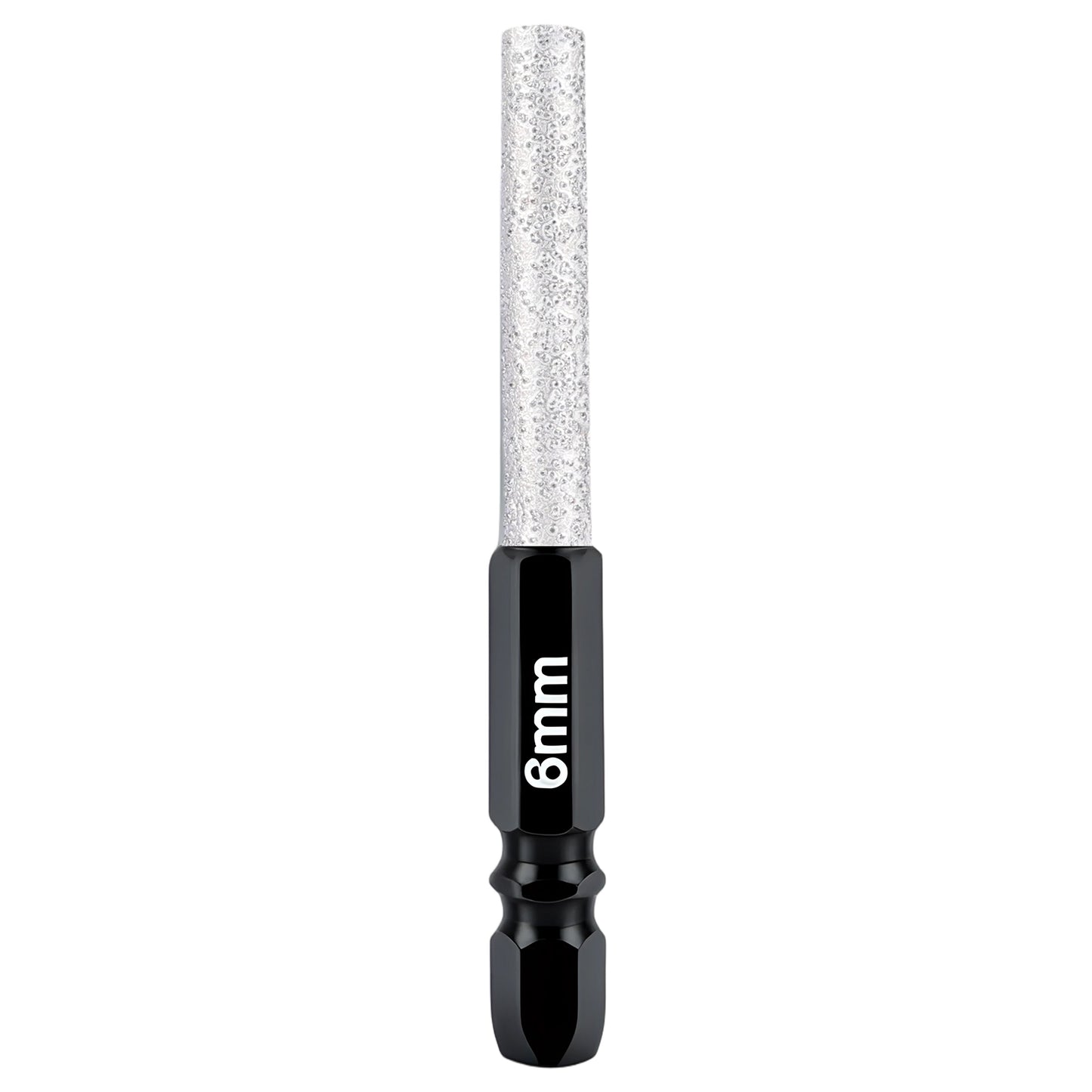 Diamond nail drill bit with black base and silver cylindrical tip on a white background