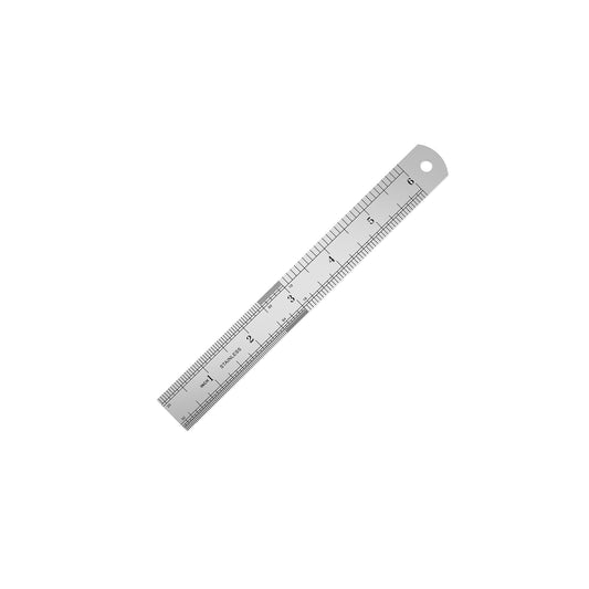 Metal ruler with measurements on a white background