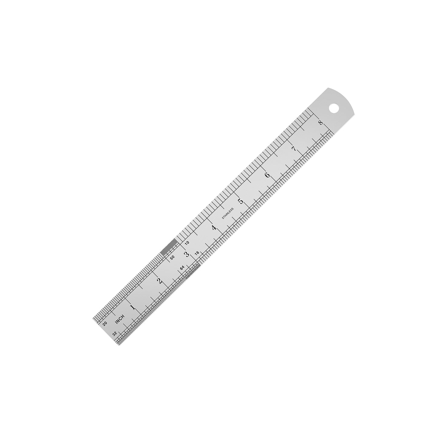 Metal ruler with measurement markings on a white background