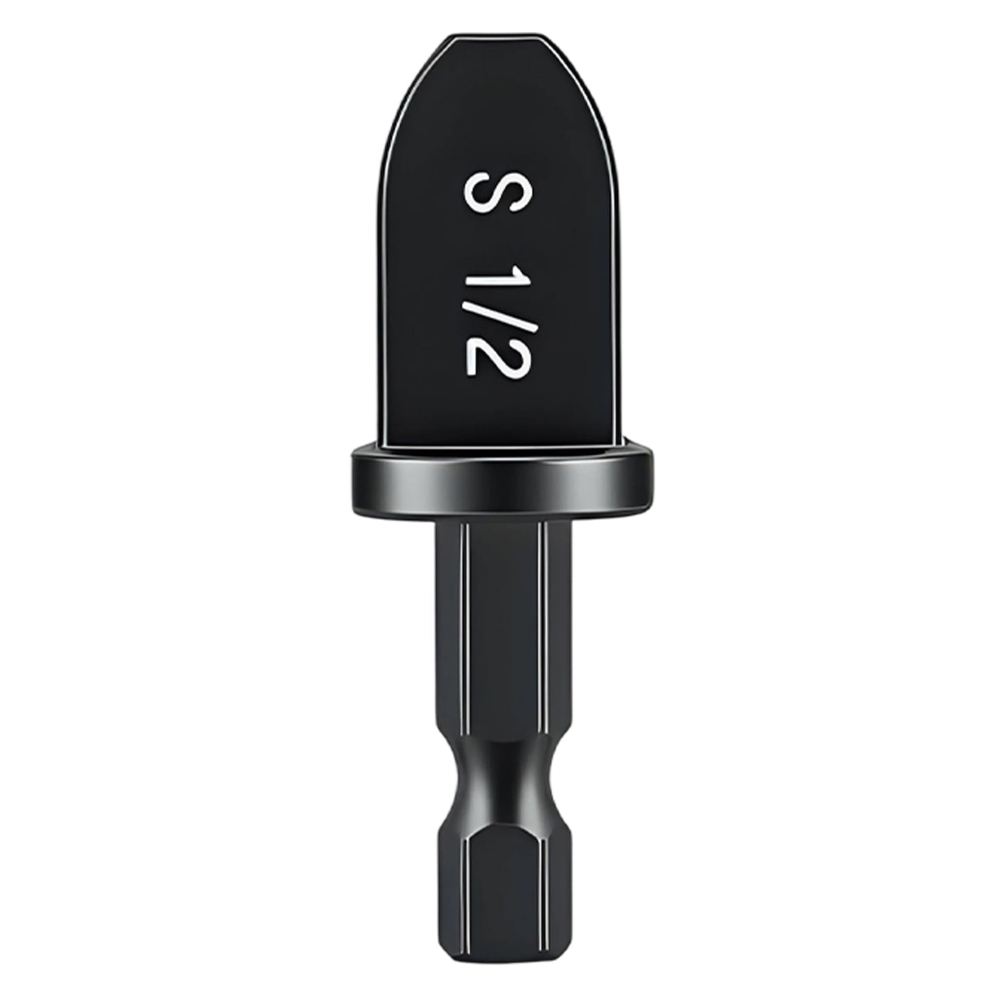 Black drill bit with measurement 'S 1/2' on a white background