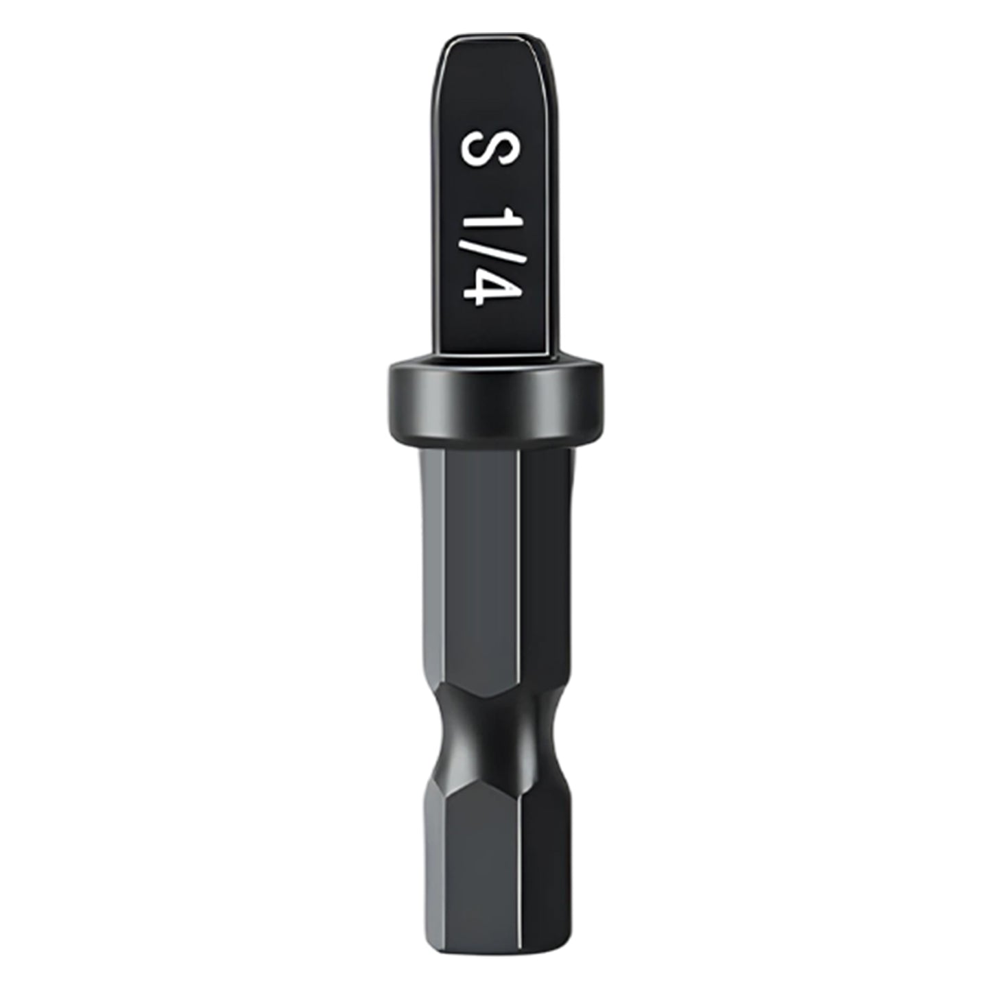 Black drill bit with 'S 1/4' marking on a white background