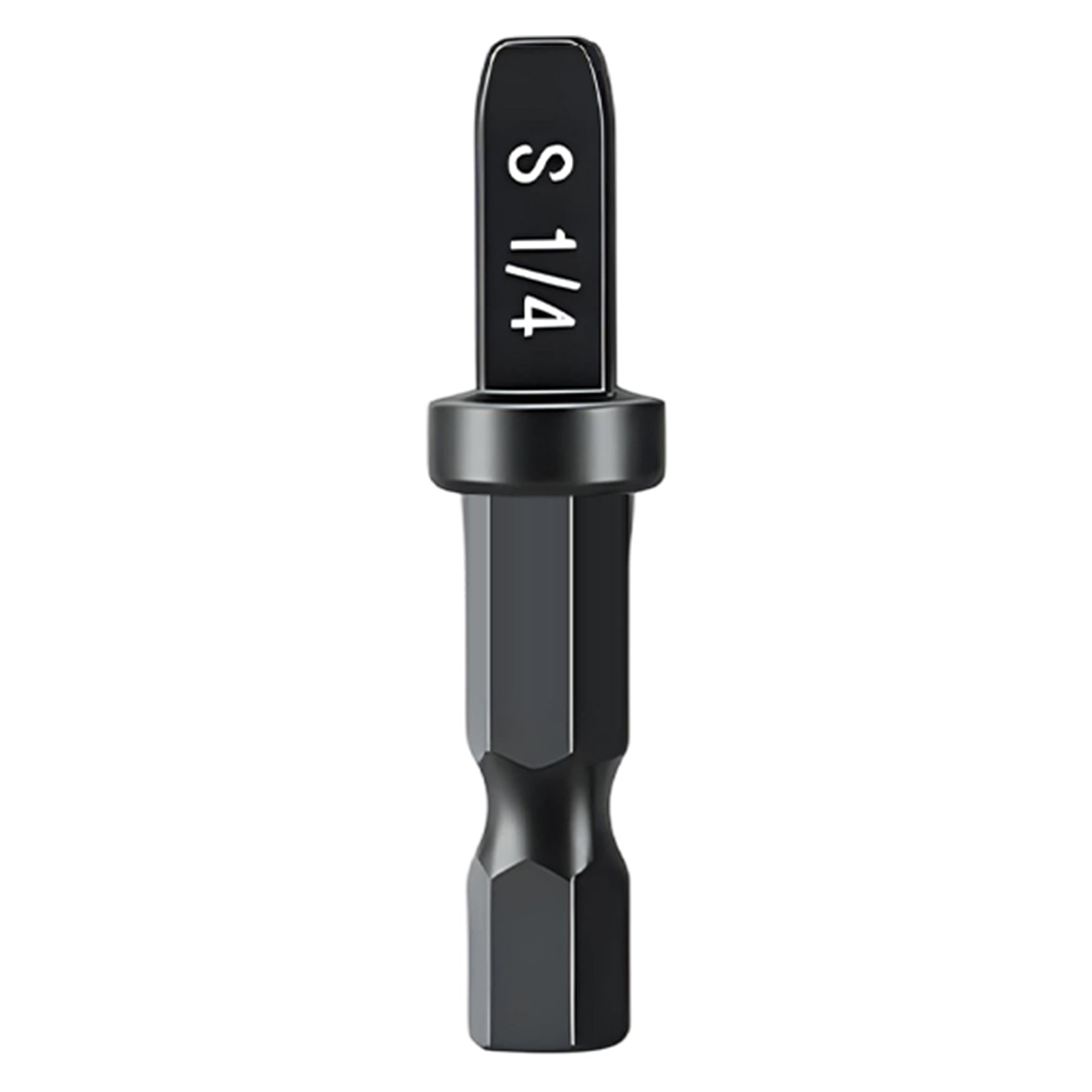 Black drill bit with 'S 1/4' marking on a white background