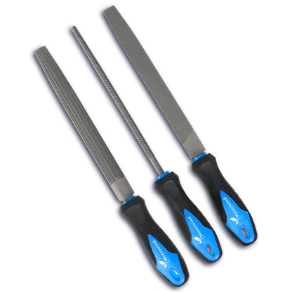 Three metal files with black and blue handles on a white background