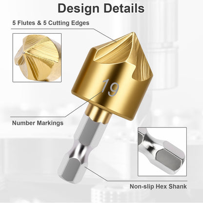 Gold drill bit with text highlighting design details on a white background