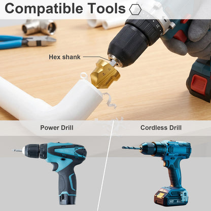 Hex shank tool being used with a power drill and cordless drill on a wooden surface.