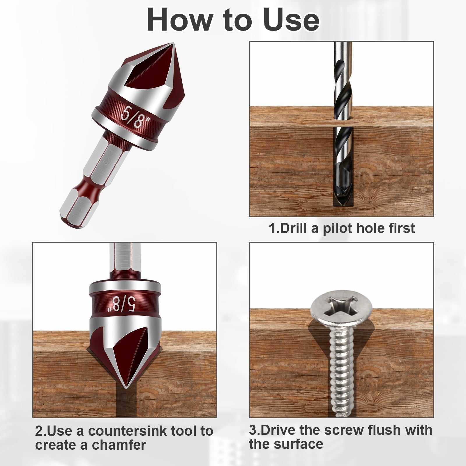 Instructions on how to use a countersink tool with images of drilling and screwing into wood.