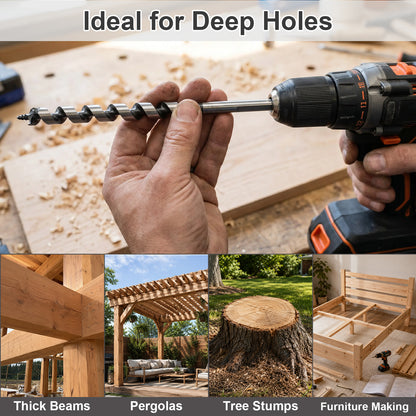 A cordless drill with a large wood auger drill bit held by a hand over wood shavings, with the text 'Ideal for Deep Holes' at the top and four application images along the bottom showing woodworking uses: thick beams, pergolas, tree stumps, and furniture making.