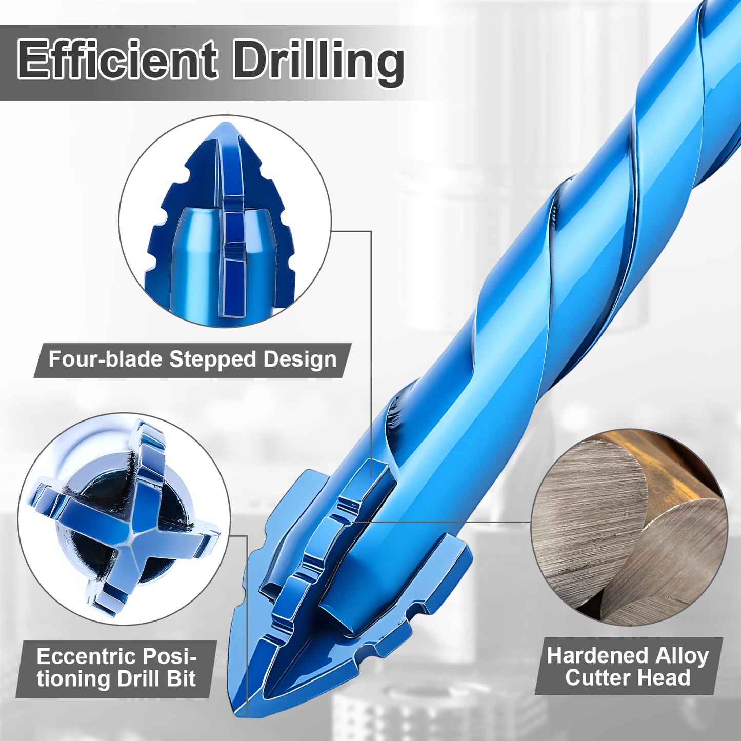 5-Piece 4-Flute Eccentric Drill Bit Set & Singles | Carbide Tip for Tile, Concrete, Wood, Glass