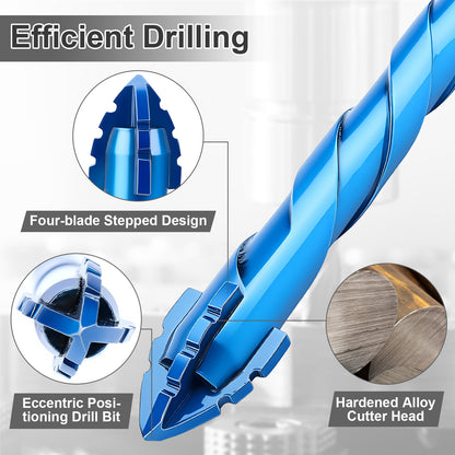 5-Piece 4-Flute Eccentric Drill Bit Set & Singles | Carbide Tip for Tile, Concrete, Wood, Glass