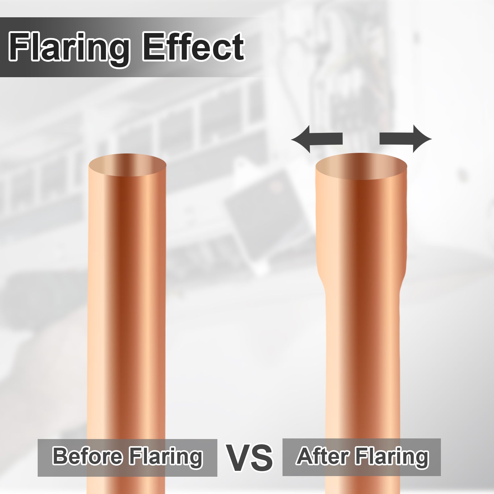 Comparison of a copper pipe before and after flaring with text labels on a gray background.