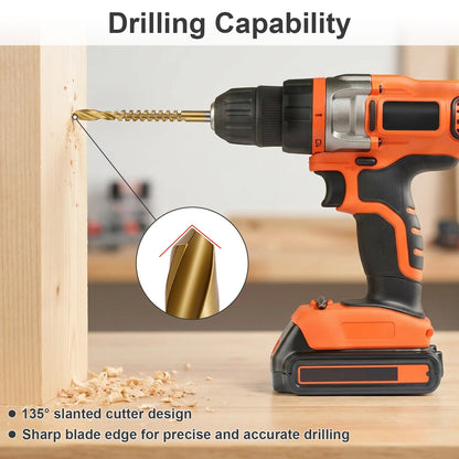 Orange cordless drill with slanted cutter bit drilling into wood, highlighting drilling capability.