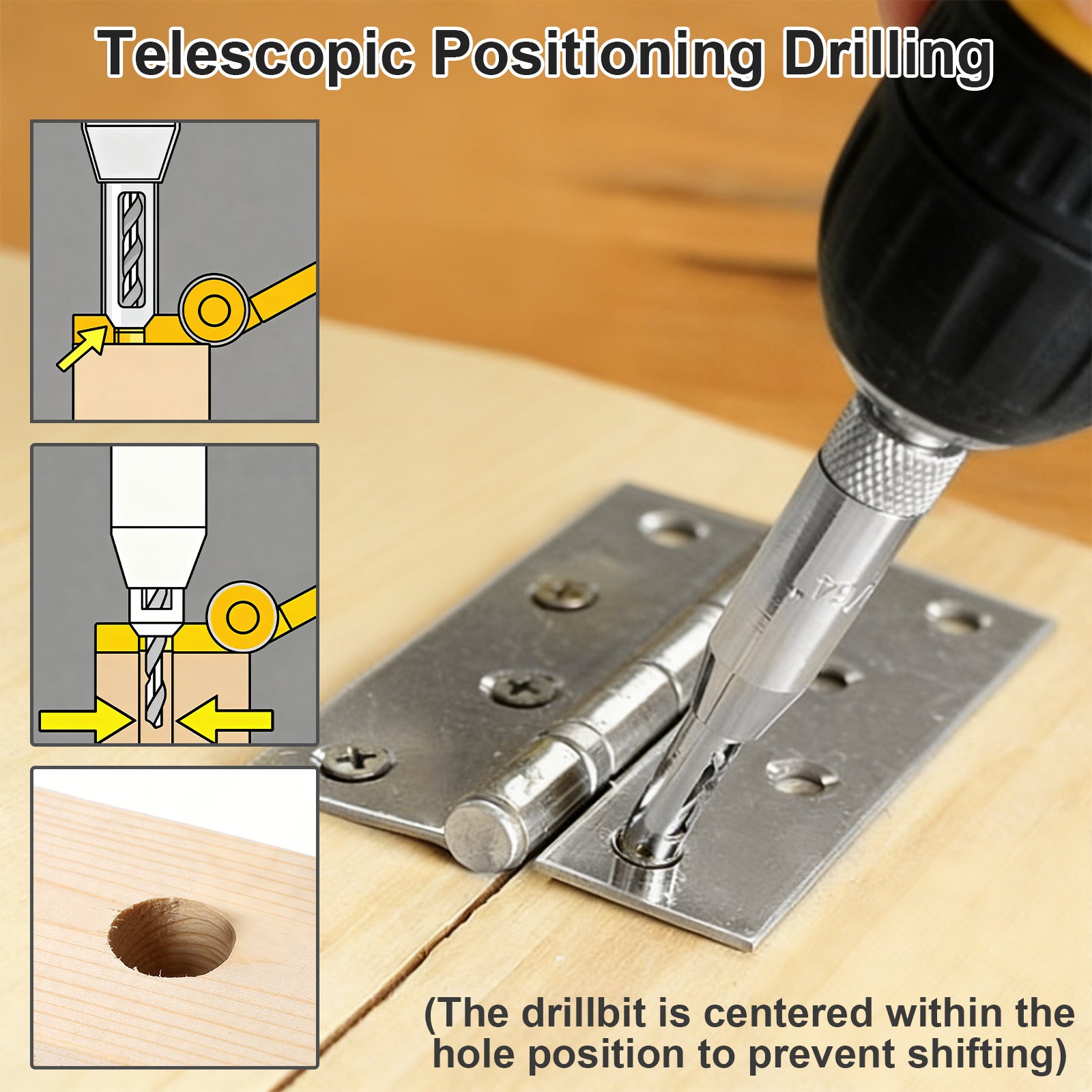 Telescopic positioning drilling tool with drillbit on a wooden surface, showing step-by-step process.