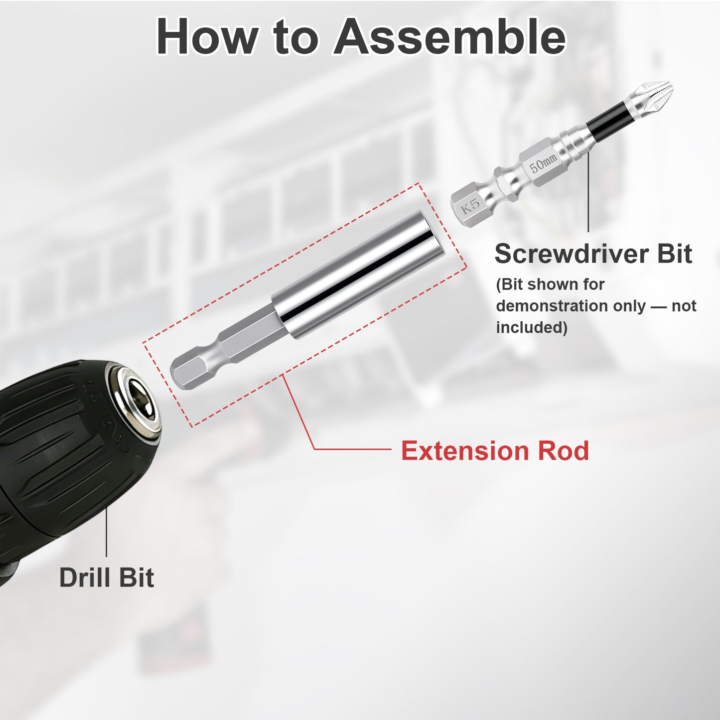 Instruction graphic showing how to assemble an extension rod with a screwdriver bit and drill bit, with labeled parts and a blurred background.