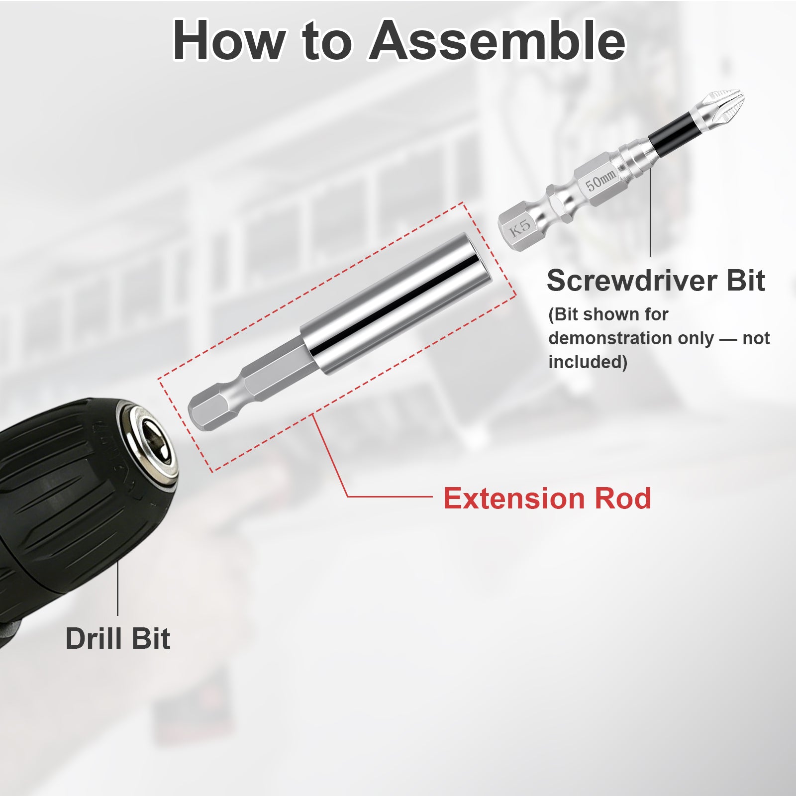 Instruction graphic showing how to assemble an extension rod with a screwdriver bit and drill bit, with labeled parts and a blurred background.