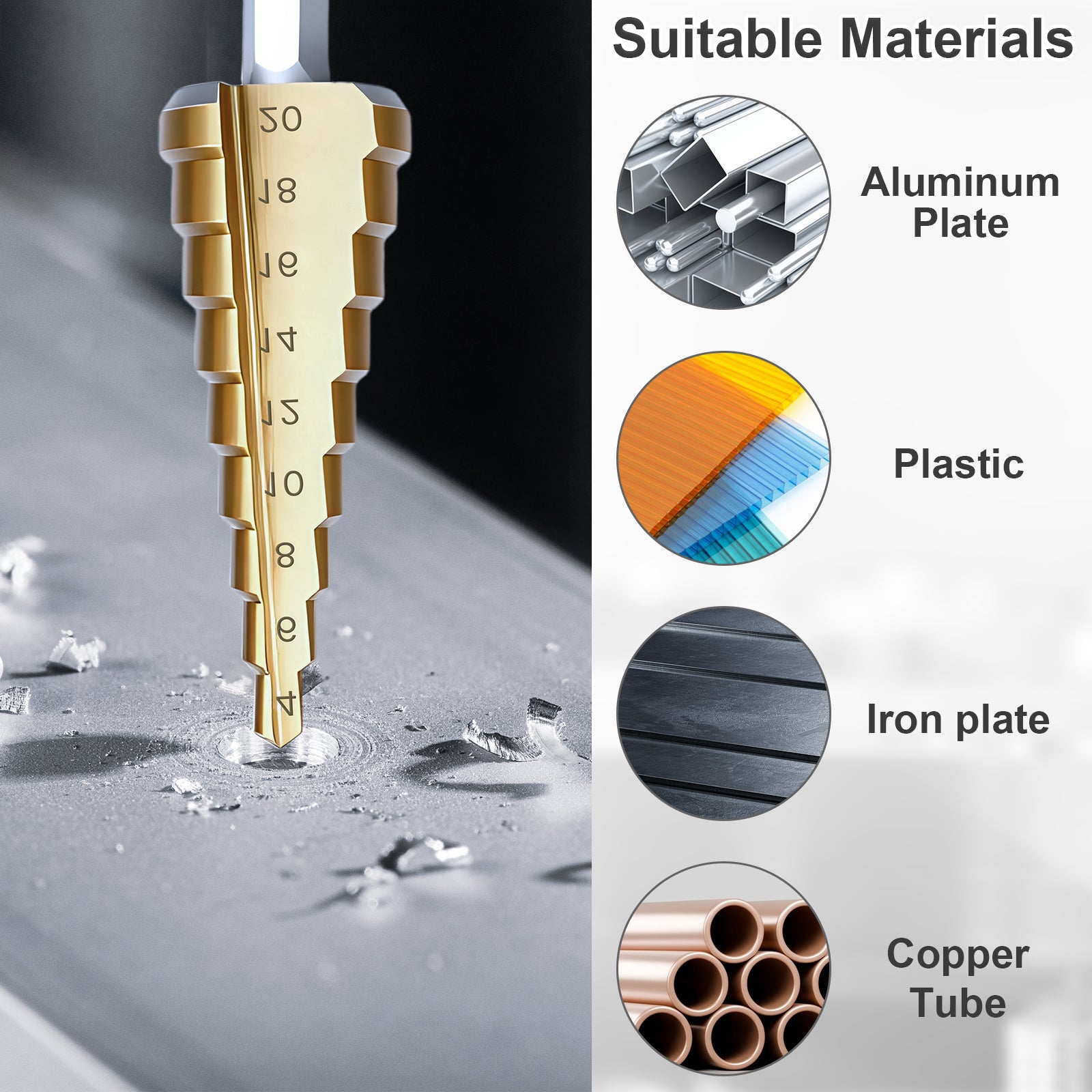Drill bit with measurement scale on a metallic surface, showing suitable materials for drilling.
