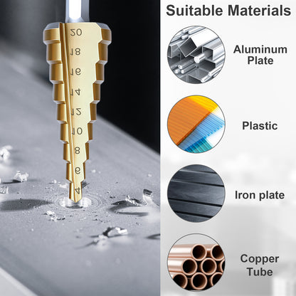Drill bit with measurement scale on a metallic surface, showing suitable materials for drilling.