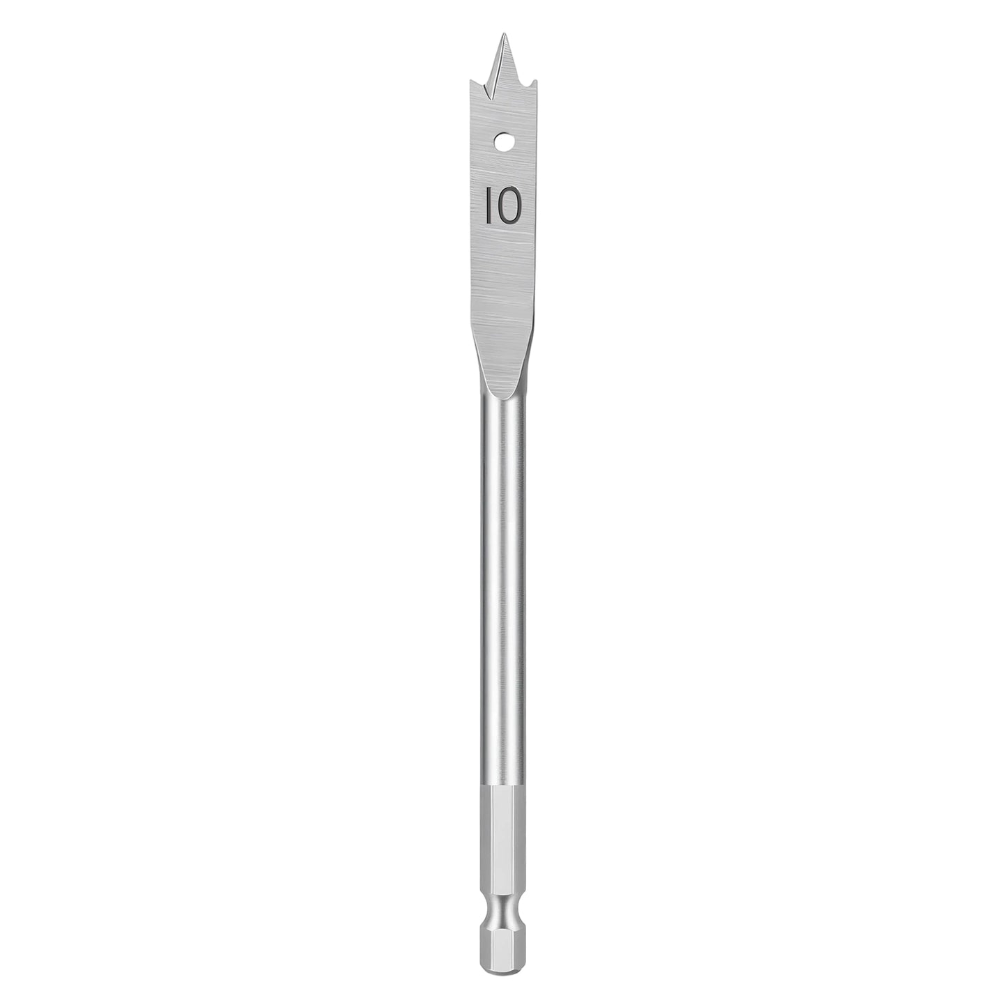 A silver metal drill bit with a fluted body, a pointed cutting edge, a hole near the top, and the number 10 printed on it, shown vertically against a plain white background.