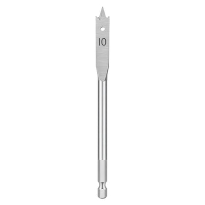 A silver metal drill bit with a fluted body, a pointed cutting edge, a hole near the top, and the number 10 printed on it, shown vertically against a plain white background.
