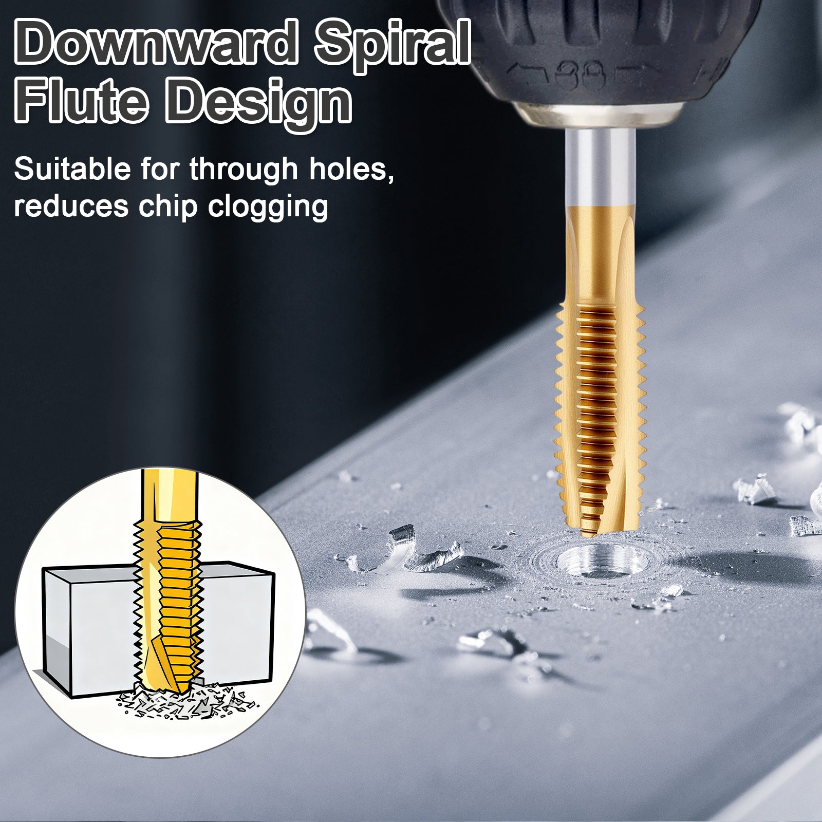 Drill bit with downward spiral flute design being used on a metal surface, with text explaining its features.