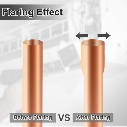 Comparison of a copper pipe before and after flaring with text labels on a gray background.