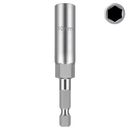 A silver metallic 10mm socket adapter tool shown vertically on a white background, with a small inset circle in the top right showing the hexagonal socket opening.