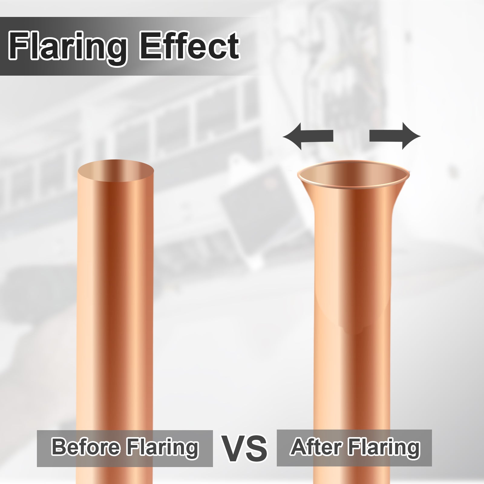 Comparison of a copper pipe before and after flaring effect on a textured gray background.