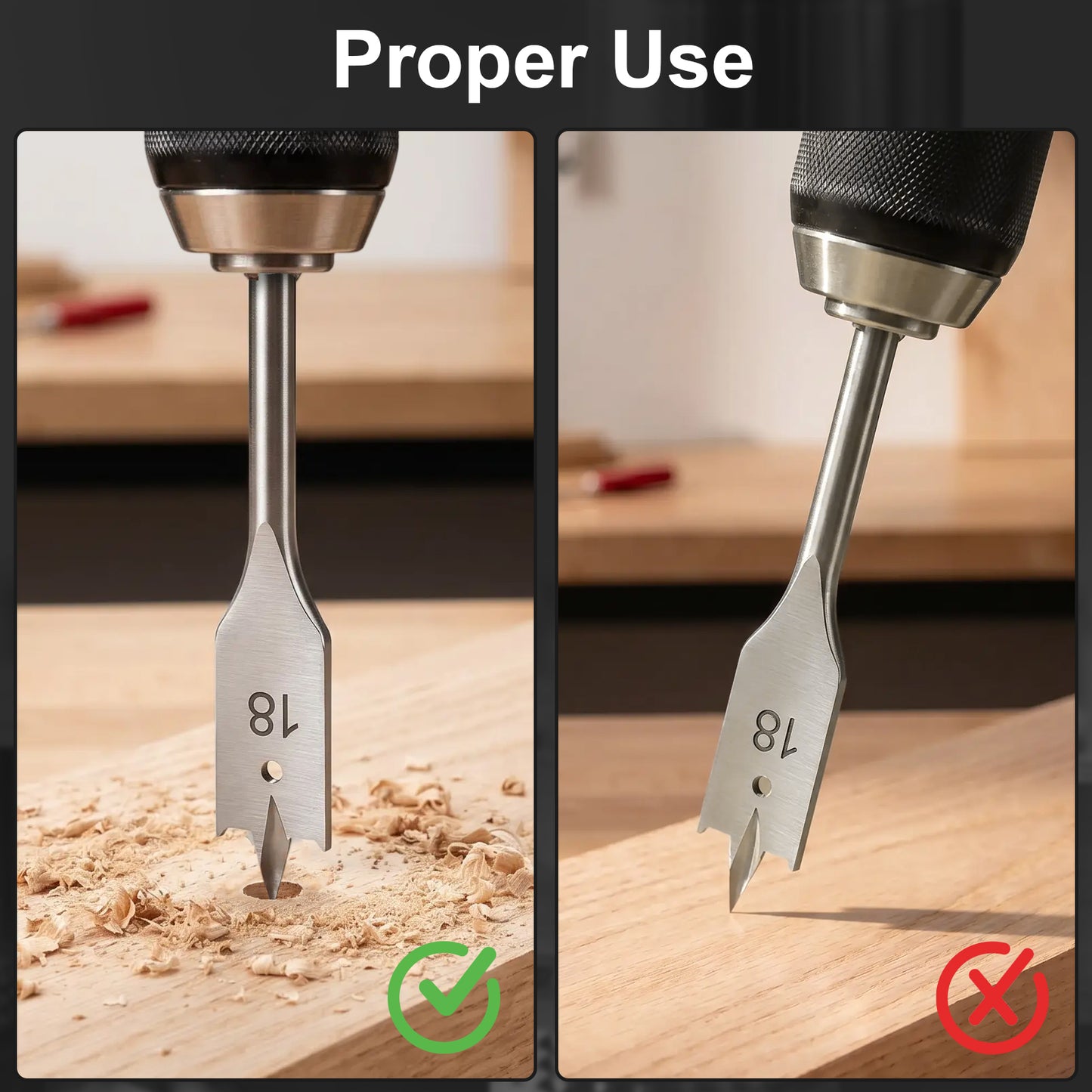 A split comparison showing a drill bit with a 18 mm shank used correctly on wood with sawdust and a green checkmark, versus incorrectly angled into the wood with a red cross-out symbol. The image is labeled 'Proper Use' at the top.