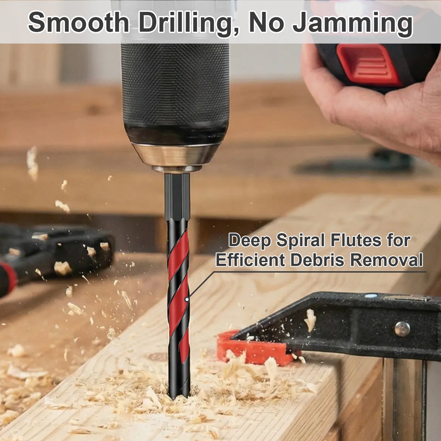 Drill bit being used on wood with text highlighting smooth drilling and debris removal.