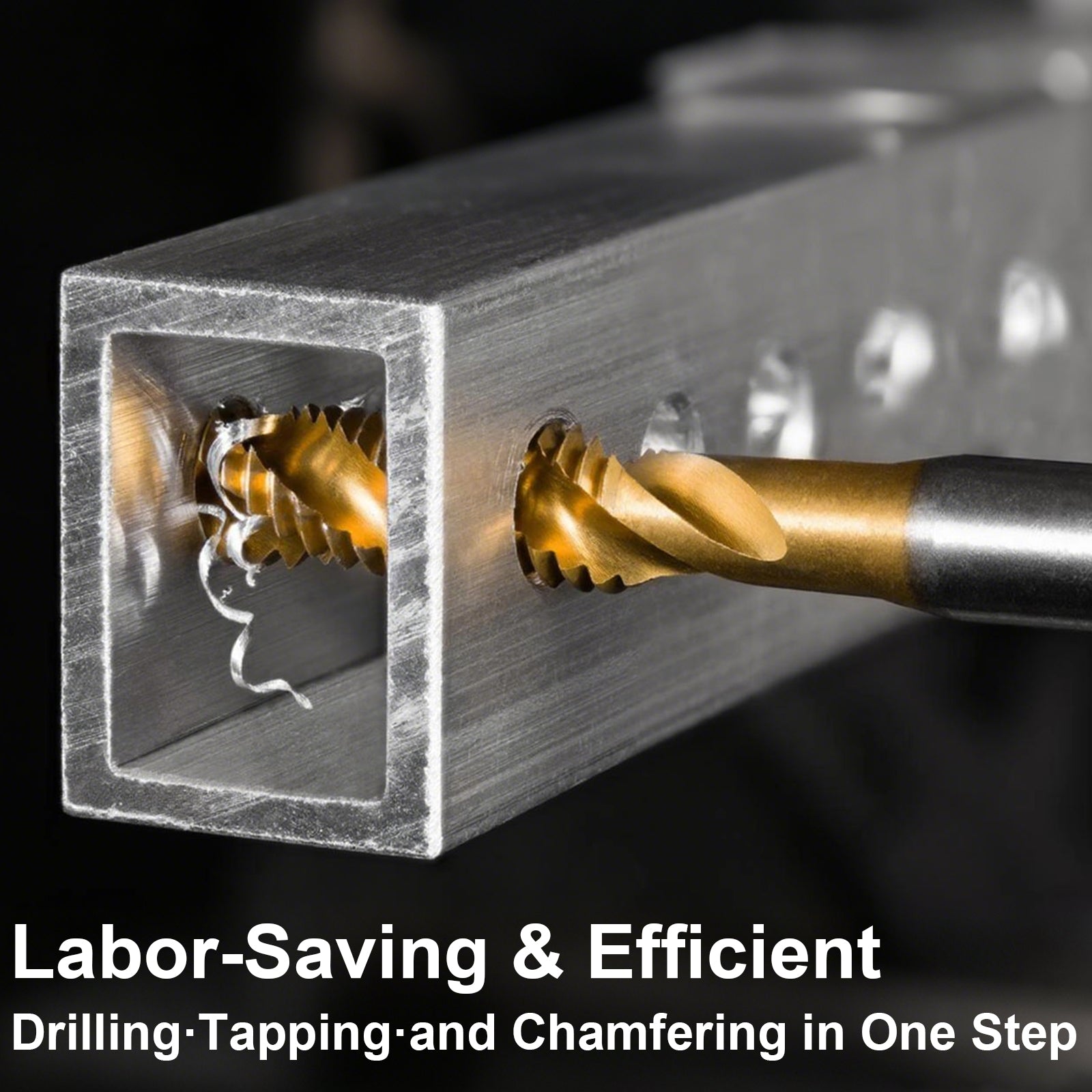 Drill bit drilling into metal with text 'Labor-Saving & Efficient' on a dark background
