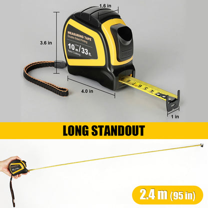 Yellow and black tape measure with measurement details on a gray background