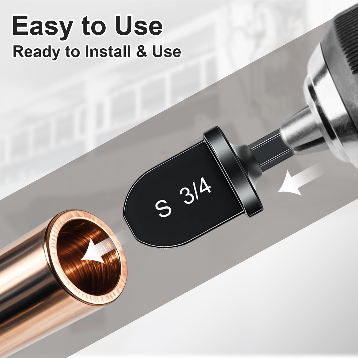 Copper pipe fitting with a tool for installation on a white background