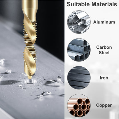 Gold drill bit drilling into metal with material compatibility icons on the side.