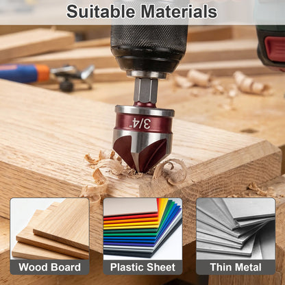 Drill bit cutting through wood with suitable materials for drilling displayed below.