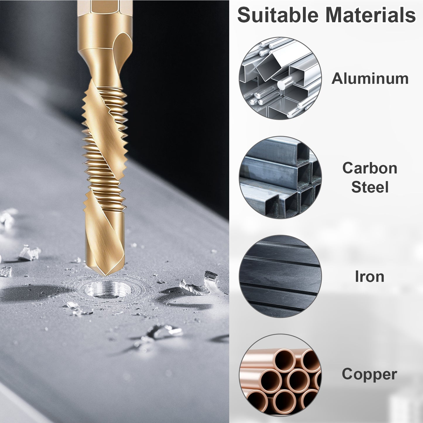 Gold drill bit on a metallic surface with material compatibility icons on the right.