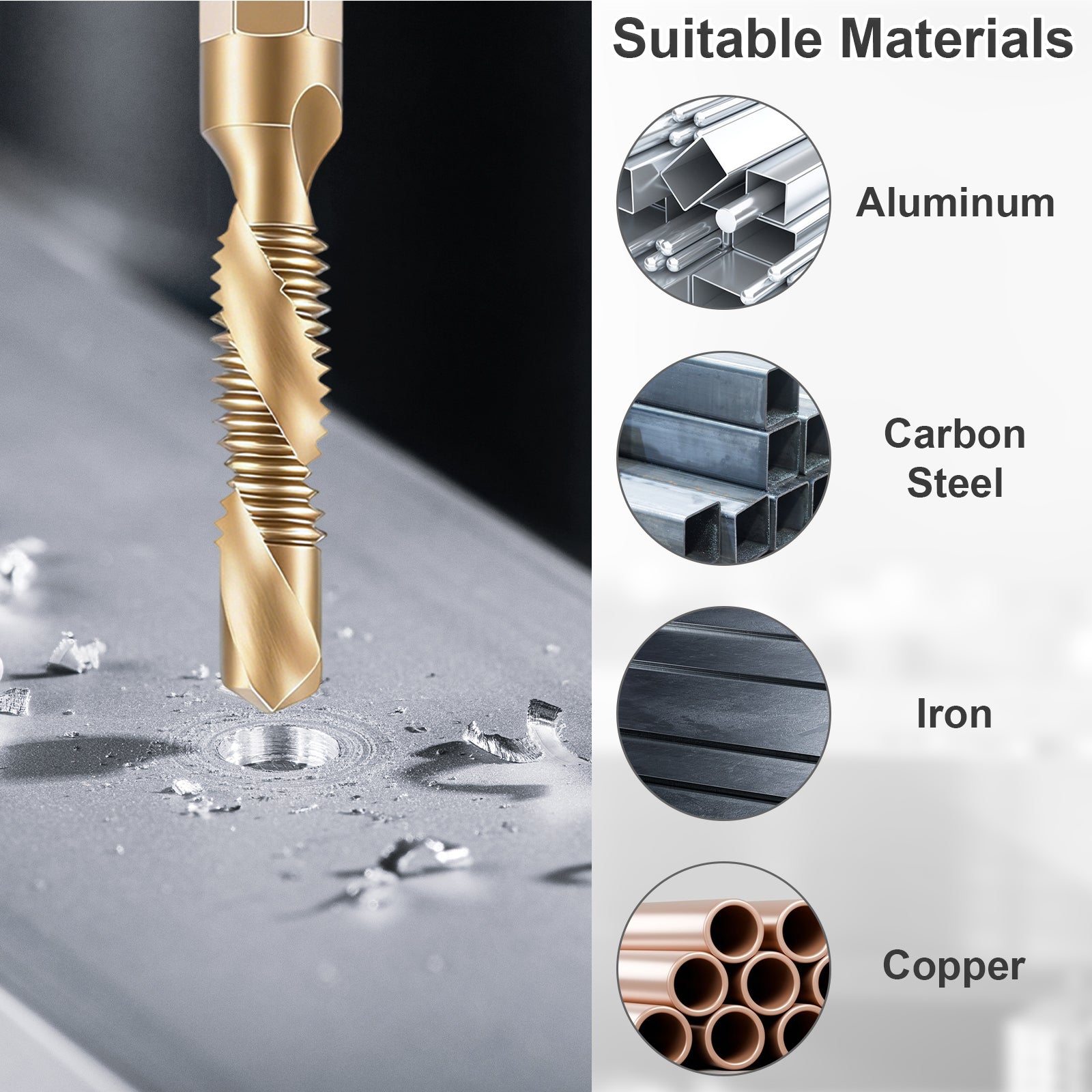 Gold drill bit on a metallic surface with material compatibility icons on the right.