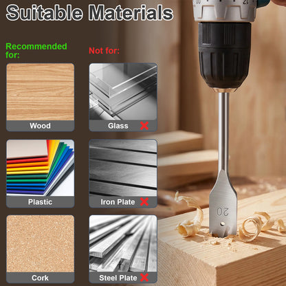 A drill with a metal spade bit shown cutting wood, alongside a labeled graphic titled 'Suitable Materials' listing recommended materials like wood, plastic, and cork, and materials not suitable like glass and iron plate.