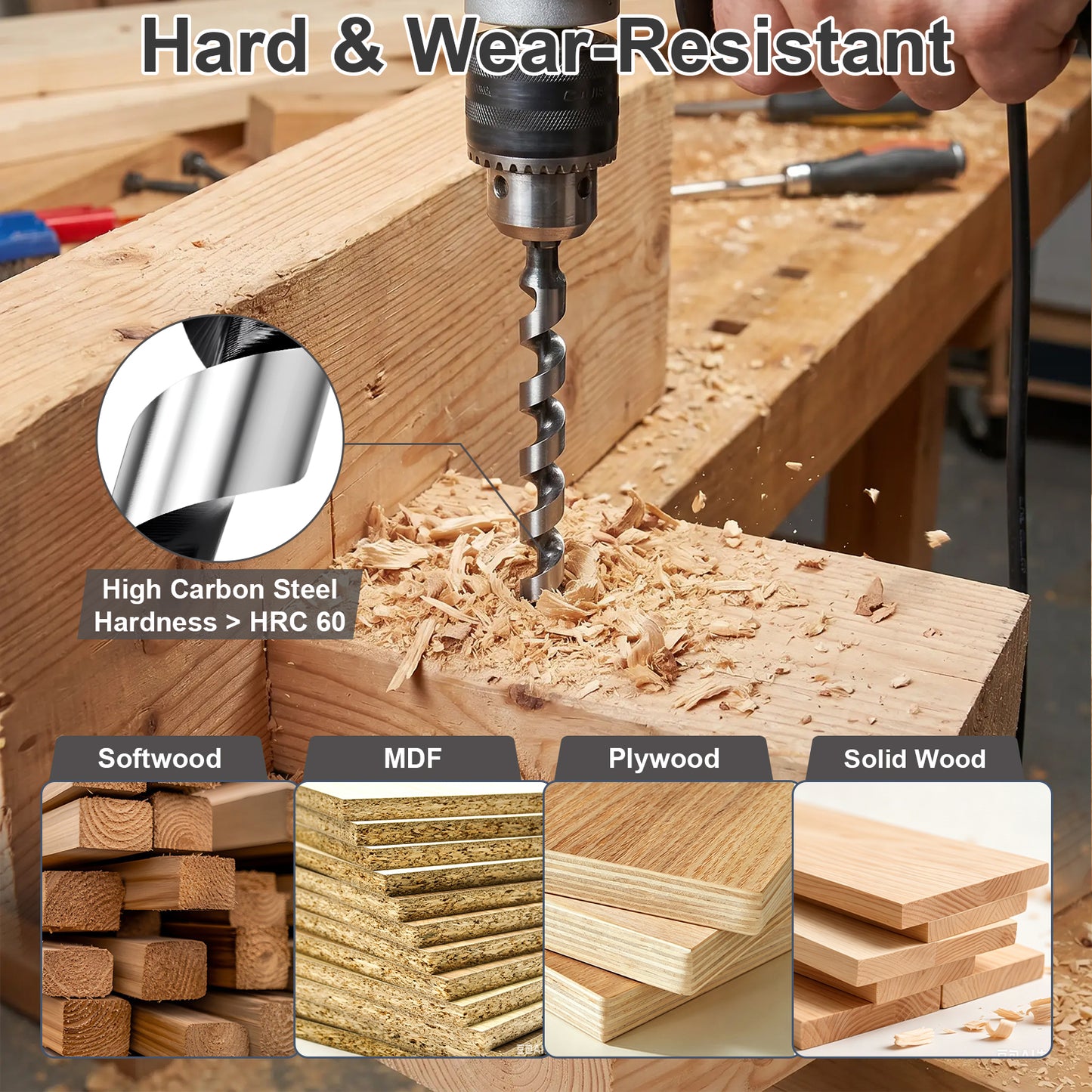 A drill with a high carbon steel twist drill bit actively drilling into a wooden block on a workbench, surrounded by wood shavings. The image includes text overlays highlighting 'Hard & Wear-Resistant' and 'High Carbon Steel Hardness > HRC 60', along with a circular inset showing the drill bit and a bottom banner displaying compatibility with Softwood, MDF, Plywood, and Solid Wood materials.