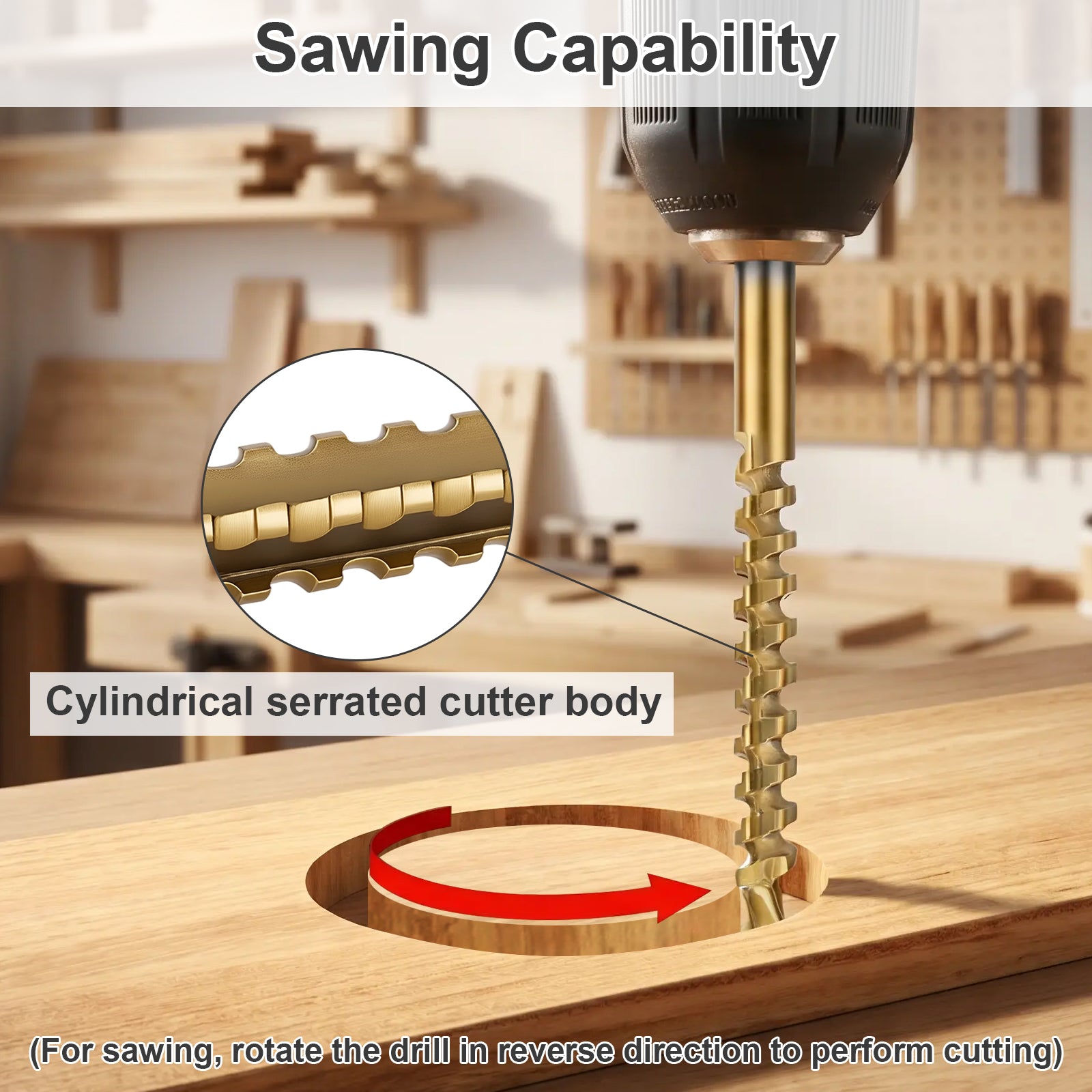 Drill with cylindrical serrated cutter body cutting through wood, highlighting sawing capability.