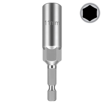 A silver metallic 11mm socket adapter tool with a hex shank, shown vertically on a white background with a small inset circle in the top right displaying a hexagonal socket opening.