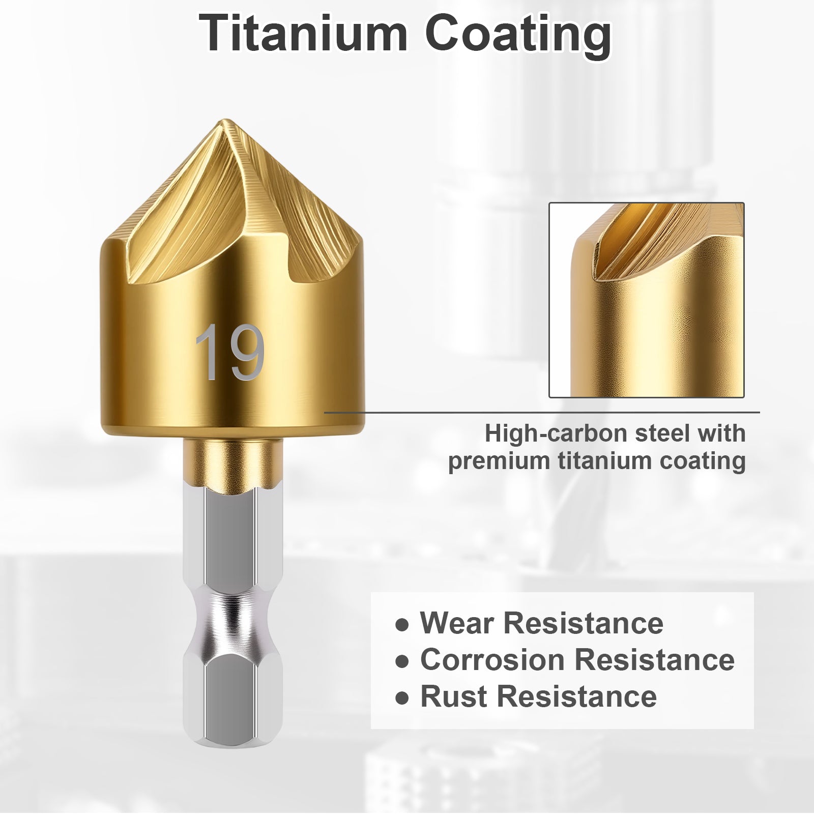 Gold drill bit with titanium coating on a white background