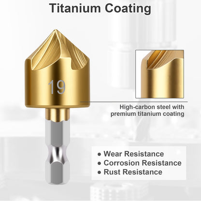 Gold drill bit with titanium coating on a white background