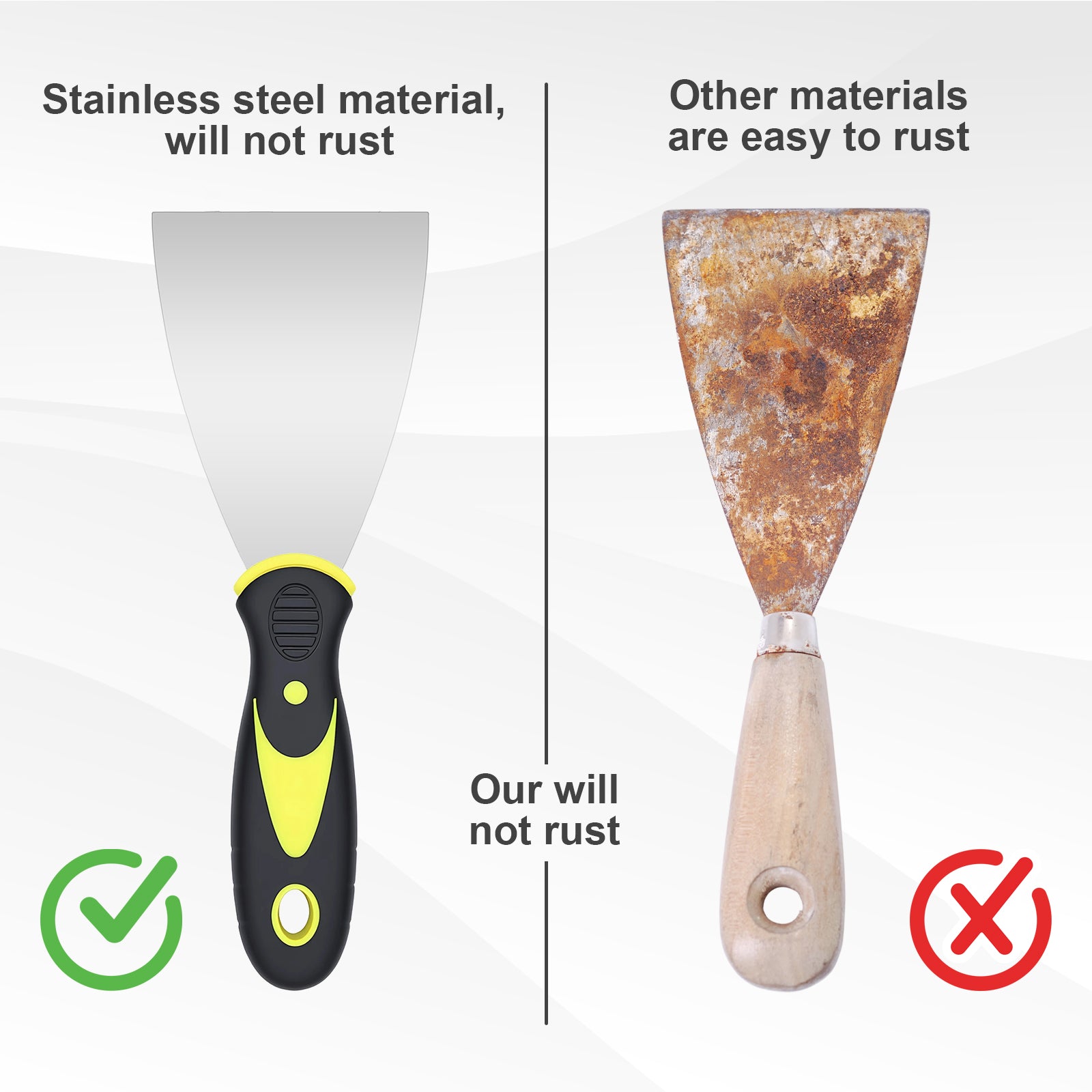 Hardy Supply Putty Knife rust-resistant stainless steel blade vs. easy-rust alternatives, durable for long-term drywall repair, painting, and home improvement use