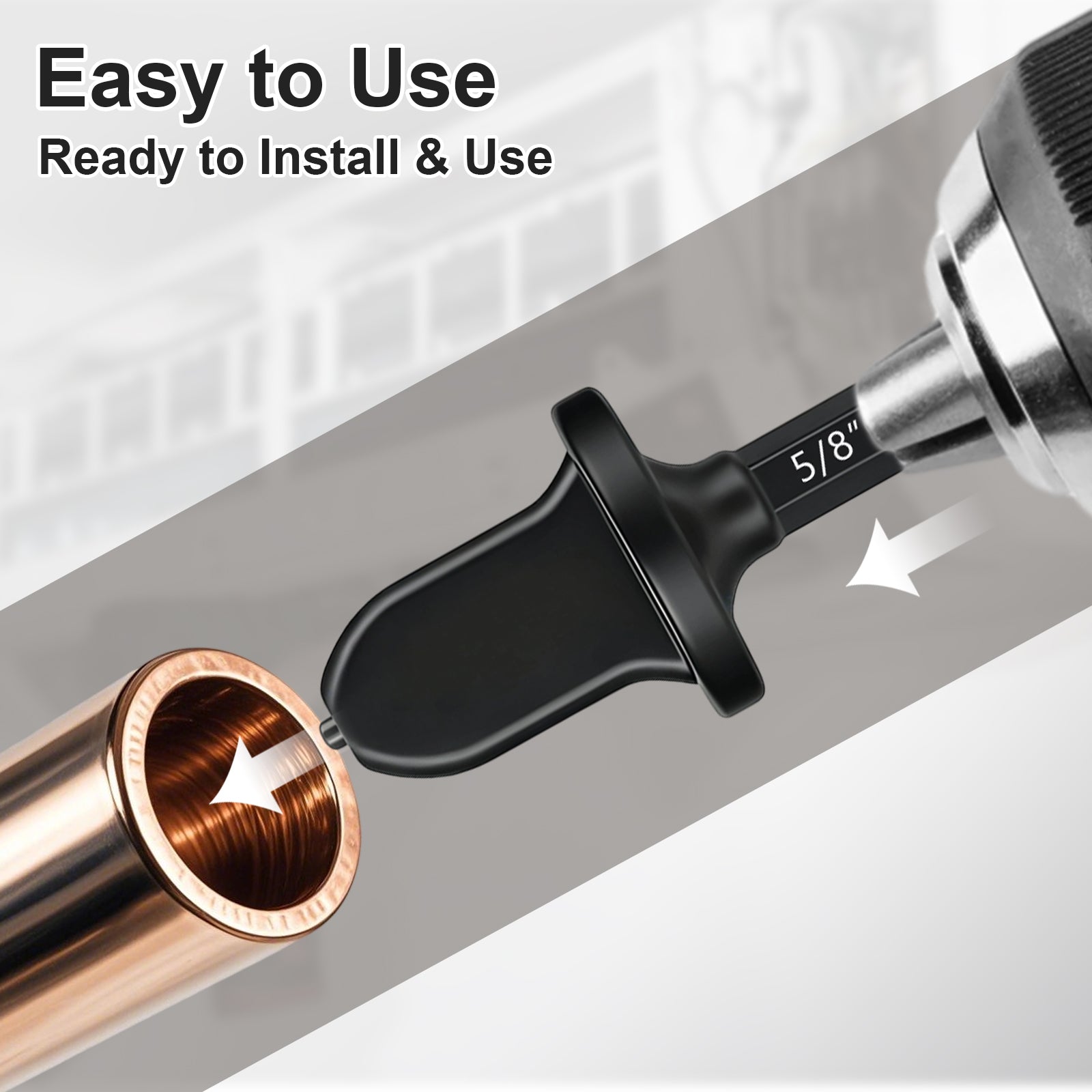 Metal fitting with copper end and tool for installation, labeled 'Easy to Use' and 'Ready to Install & Use'.