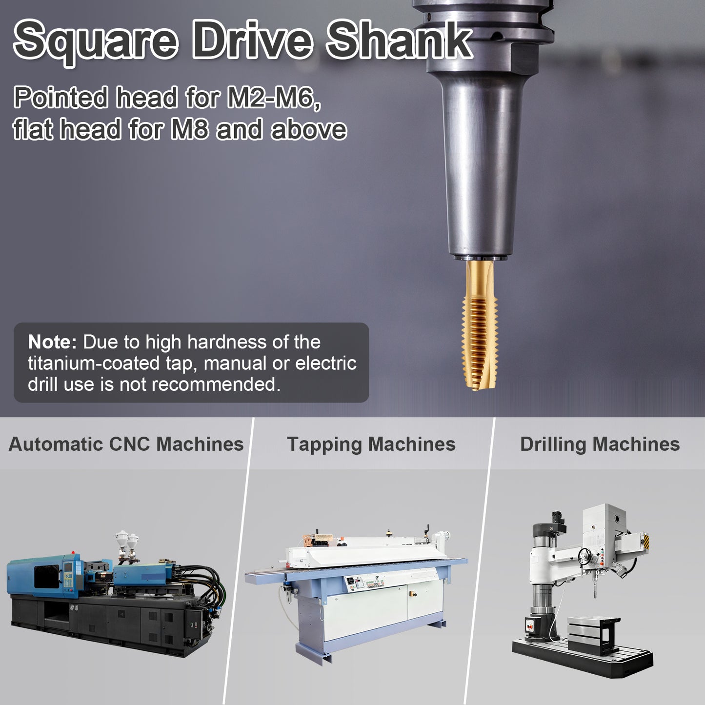 Square drive shank tap with applications on CNC, tapping, and drilling machines.