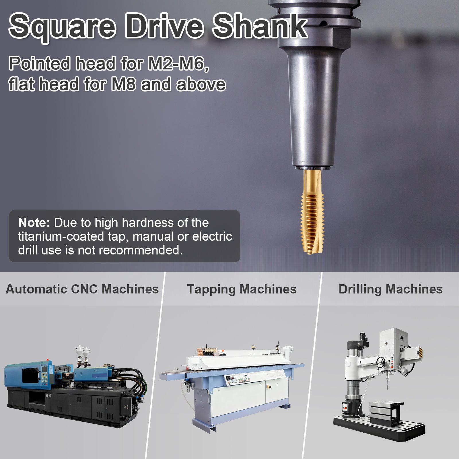 Square drive shank tap with applications on CNC, tapping, and drilling machines.
