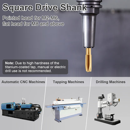 Square drive shank tap with applications on CNC, tapping, and drilling machines.