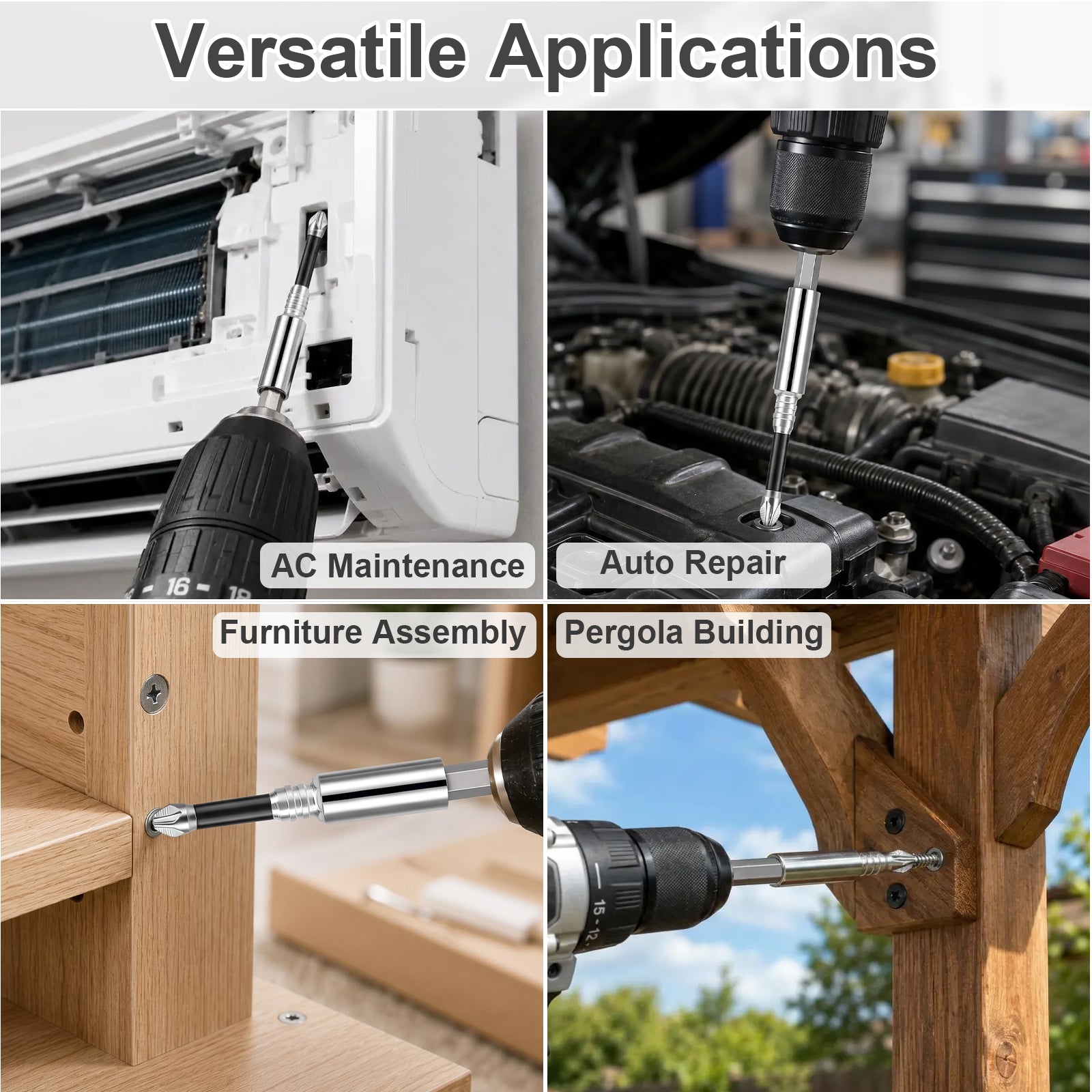 A four-panel promotional collage with the heading 'Versatile Applications' showing a cordless drill/screwdriver in use for AC maintenance, auto repair, furniture assembly, and pergola building. Each panel includes a small label naming the use case.